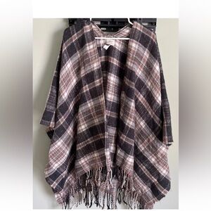 Soft Brown Plaid Poncho Shawl With Fringe